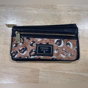 Vintage Fossil Black and Brown Animal Print Wallet pebbled leather cowhide
